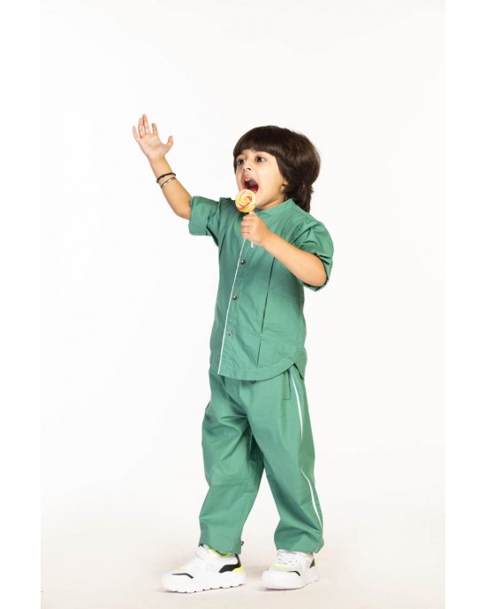 Piping Detail Band Collar Shirt Co-Ord